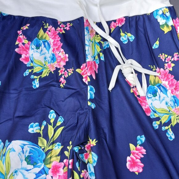 Comfy Blue Pajama Stretch Floral Palazzo Wide Leg Lounge Pant NWT - Picture 1 of 10